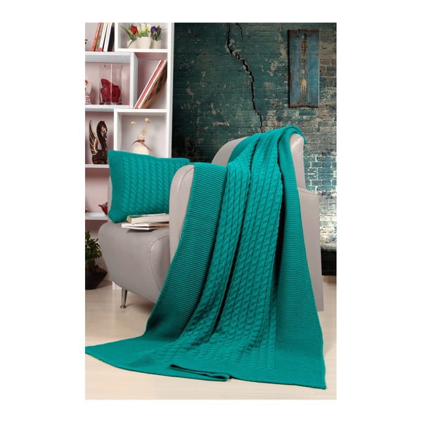 Set tyrkysového přehozu a polštáře Kate Louise Tricot Blanket Set Sultan