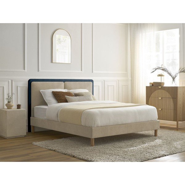 Sinine/beež polsterdatud kaheinimesevoodi liistudest raamiga 140x190 cm Mara - Bobochic Paris-image-1