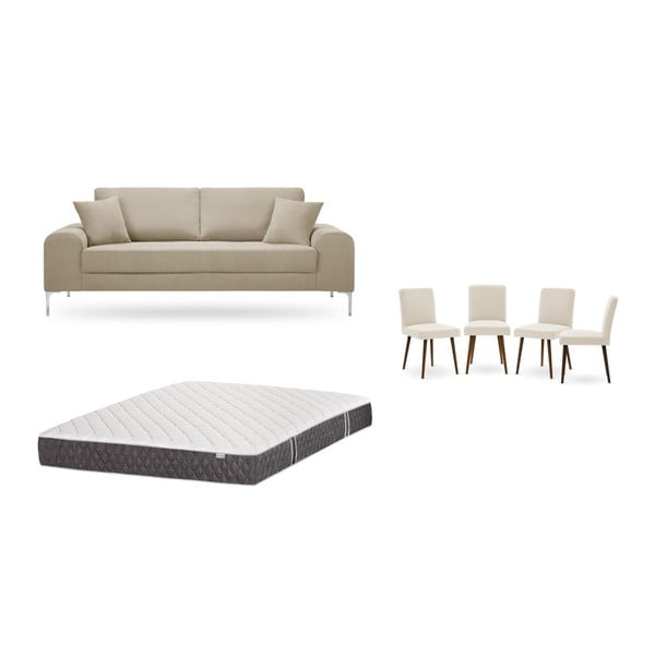 Set třímístné šedobéžové pohovky, 4 krémových židlí a matrace 160 x 200 cm Home Essentials