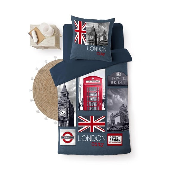 Tumesinine puuvillane ühekohalise voodi voodipesu 140x200 cm City London - douceur d'intérieur