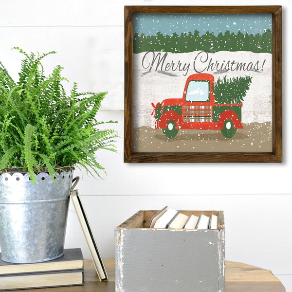 Obraz v rámu z borovicového dřeva Christmas Truck, 34 x 34 cm