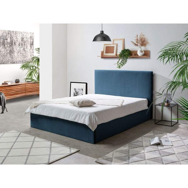 Sinine polsterdatud kaheinimese voodi, millel on riiulid 160x200 cm ja panipaik Adele - Bobochic Paris-image-1