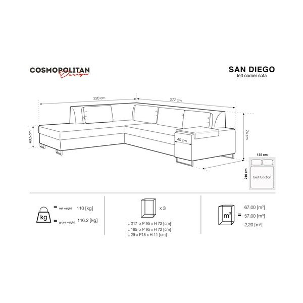 Šedá rozkládací pohovka Cosmopolitan Design San Diego, levý roh-image-2