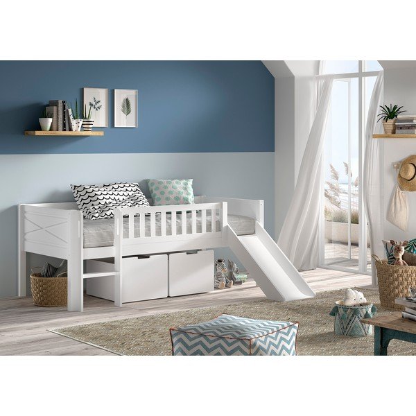 Valge kõrge männi täispuidust lastevoodi koos voodipõhja ja hoiuruumiga 90x200 cm Scott – Vipack-image-1