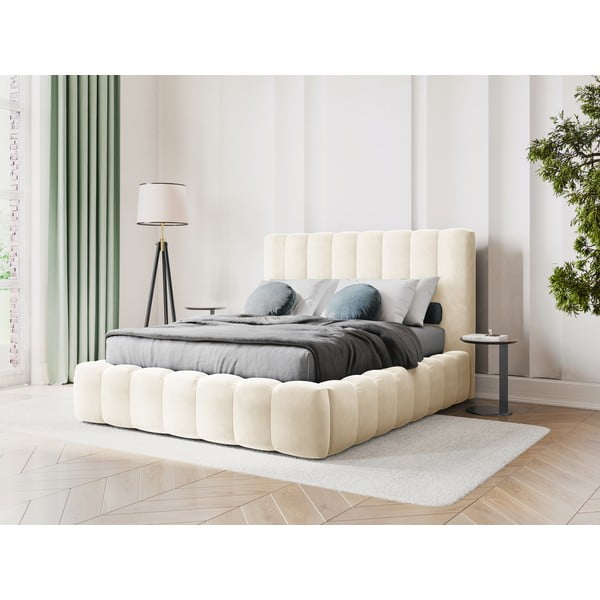 Beeži värvi polsterdatud kaheinimese voodi, millel on riiulid 200x200 cm ja panipaik Kelp - Micadoni Home-image-1