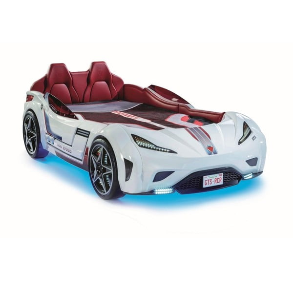 Bílá dětská postel ve tvaru auta s tyrkysovým osvětlením Fast GTS Carbed White