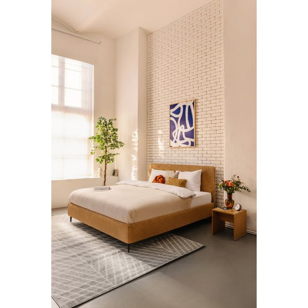 Sinepivärvi polsterdatud kaheinimesevoodi koos voodipõhjaga 160x200cm Noira Slim - Bonami Selection-image-1