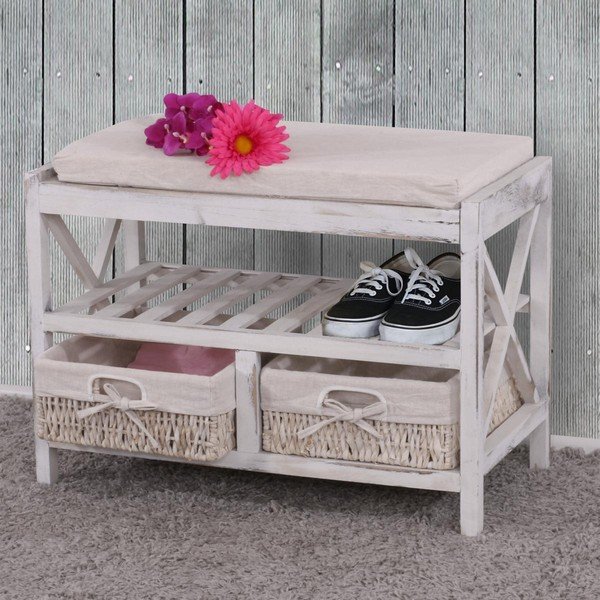 Bílý dřevěný botník s lavicí Mendler Shabby-image-1