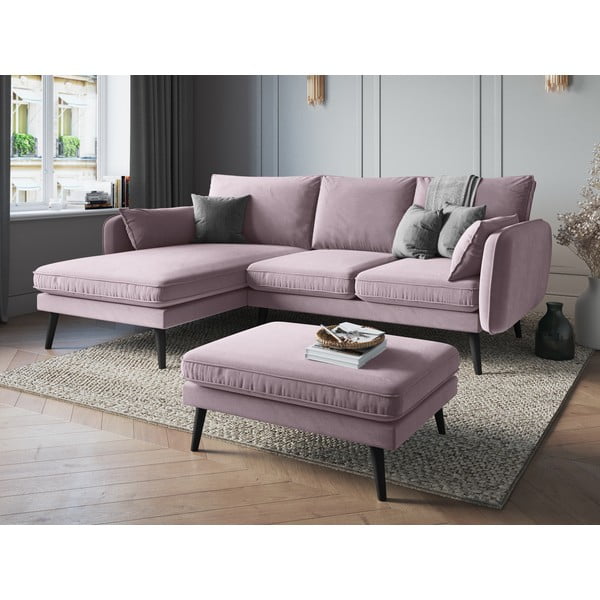 Heleroosa sametist nurgadiivan mustade jalgadega , vasakpoolne nurk Lento - Kooko Home-image-1