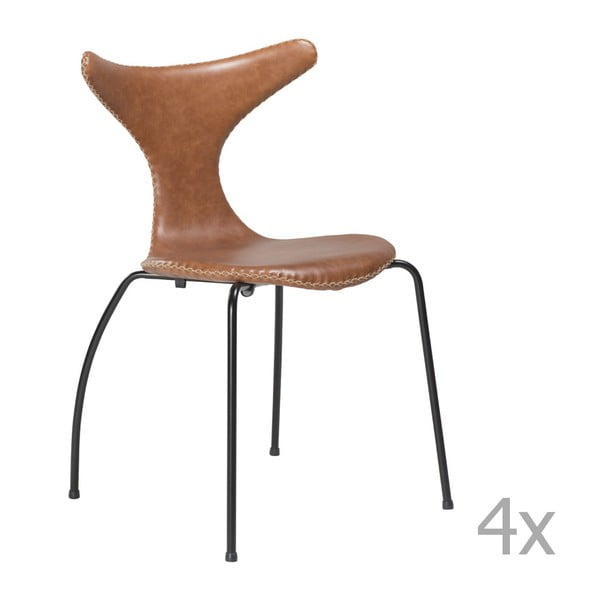 Sada 4 hnědých kožených jídelních židlí s černým kovovým podnožím DAN– FORM Dolphin