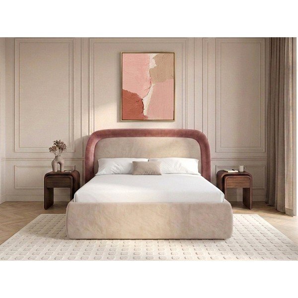 Roosa polsterdatud kaheinimesevoodi panipaigaga ja liistudest raamiga 160x200 cm Sam - Bobochic Paris-image-1