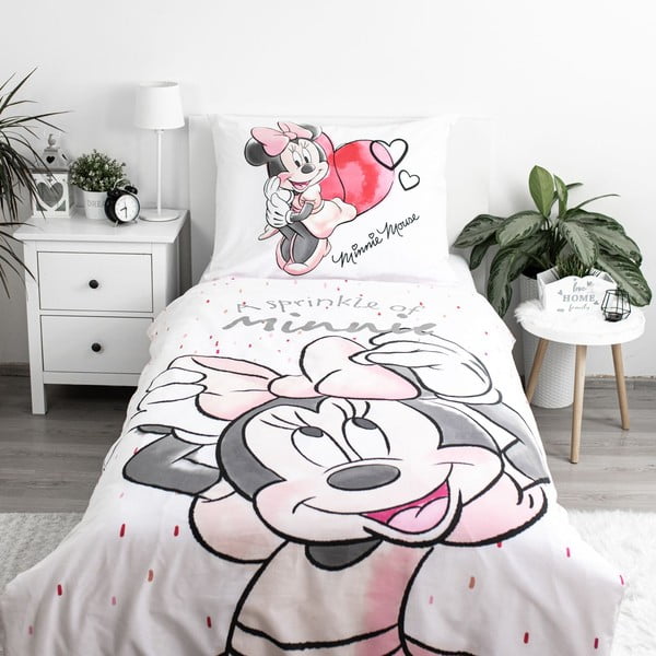 Valge-roosa puuvillane laste voodipesu 140x200 cm Minnie "White" - Jerry Fabrics-image-1