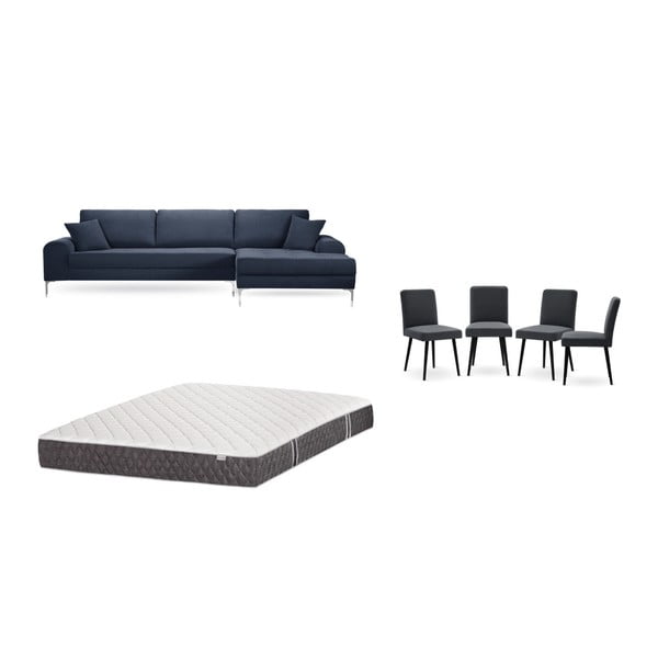 Set tmavě modré pohovky s lenoškou vpravo, 4 antracitově šedých židlí a matrace 160 x 200 cm Home Essentials