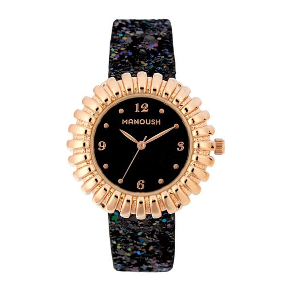 Černé vzorované dámské hodinky s koženým páskem Manoush Sunny