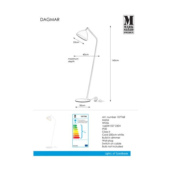 Bílá stojací lampa Markslöjd Dagmar Uno Floor White, výška 1,45 m-image-3