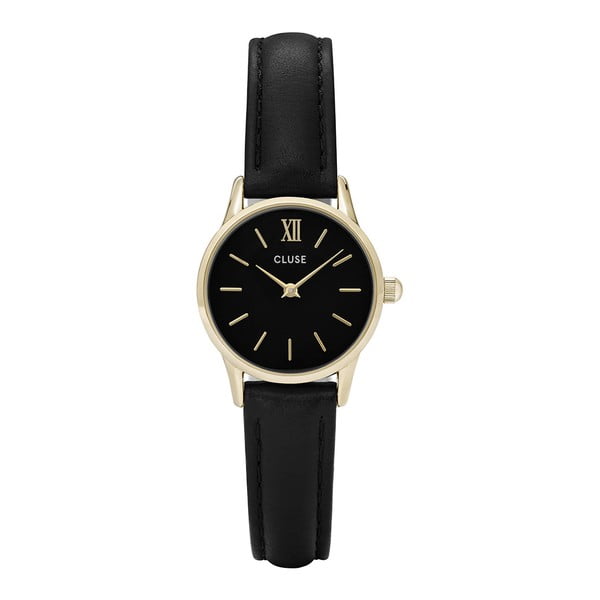 Dámské černé hodinky s koženým řemínkem a detaily v zlaté barvě Cluse La Vedette
