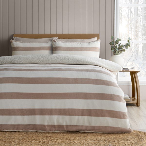 Kaheinimese voodipesu lambaga naturaalses värvitoonis 200x200 cm Cosy Sherpa Stripe - Catherine Lansfield-image-1