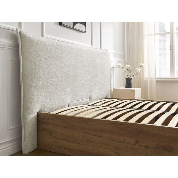 Kreemikas polsterdatud/puitlaastplaadist kaheinimesevoodi panipaigaga ja liistudest raamiga 160x200 cm Charlie - Bobochic Paris-image-3