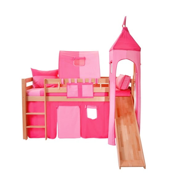 Dětská patrová postel se skluzavkou a růžovým hradním bavlněným setem Mobi furniture Tom, 200 x 90 cm
