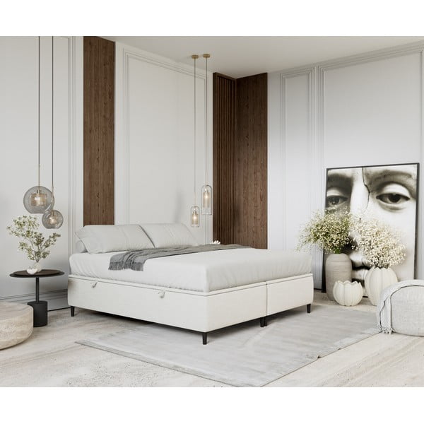 Kreemvalge polsterdatud kaheinimese voodi koos panipaigaga 160x200 cm Tate - Maison de Rêve-image-1