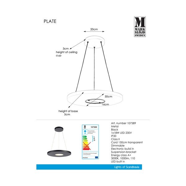 Must rippvalgusti , ø 50 cm Plate - Markslöjd-image-1