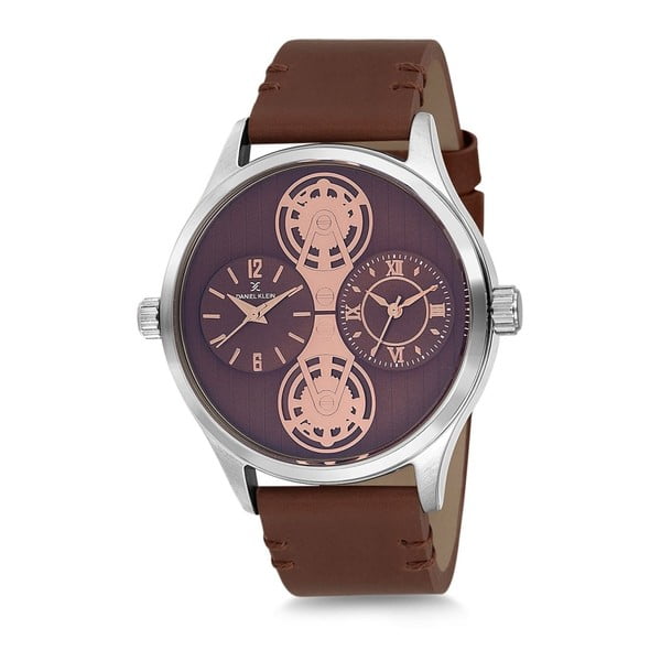 Pánské hodinky s hnědým koženým řemínkem a fialovým ciferníkem Daniel Klein
