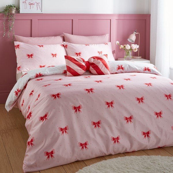 Roosa pikendatud voodipesu kaheinimesevoodile 230x220 cm Dotty Bows - Sassy B-image-1