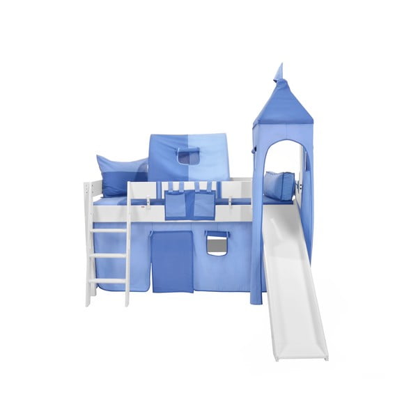 Dětská bílá patrová postel se skluzavkou a modrým hradním bavlněným setem Mobi furniture Luk, 200 x 90 cm