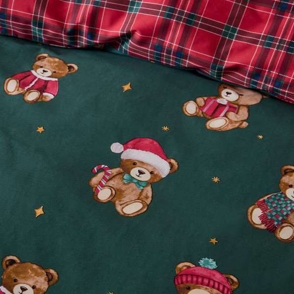 Punane/tumeroheline üheinimesevoodipesu 150x120 cm Christmas Tartan Teddy Bear - Catherine Lansfield-image-2