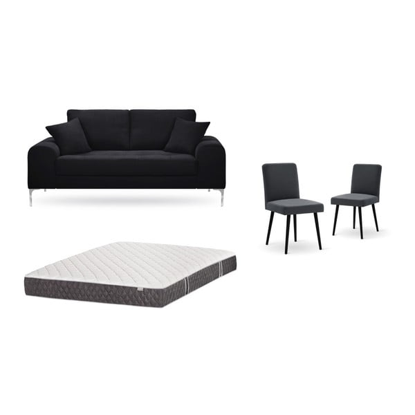 Set dvoumístné černé pohovky, 2 antracitově šedých židlí a matrace 140 x 200 cm Home Essentials
