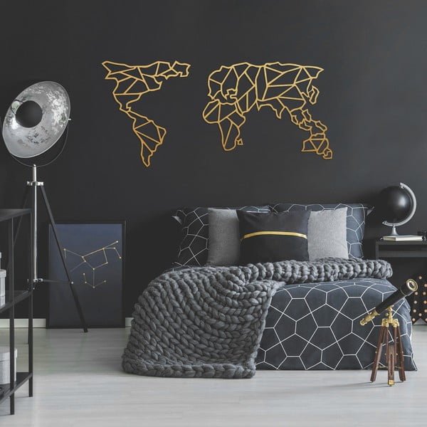 Kovová nástěnná dekorace ve zlaté barvě Geometric World Map, 150 x 80 cm