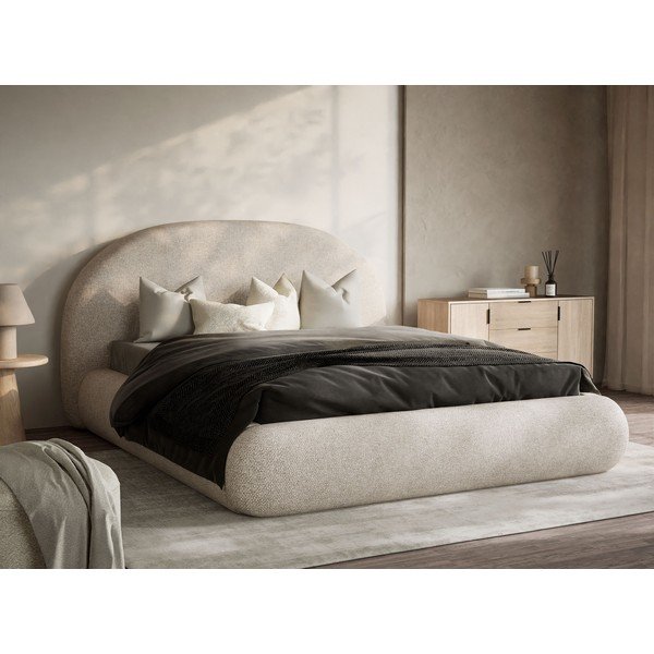 Kreemikas polsterdatud kaheinimesevoodi panipaiga ja liistudest raamiga 160x200 cm Maumere - Maison de Rêve-image-1