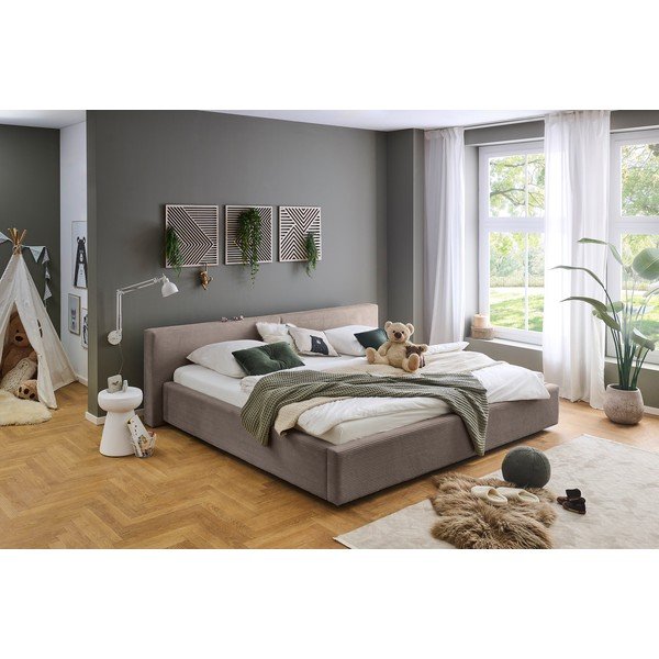 Taupe polsterdatud kaheinimesevoodi panipaigaga ja liistudest raamiga 200x240 cm Cube - Meise Möbel-image-4