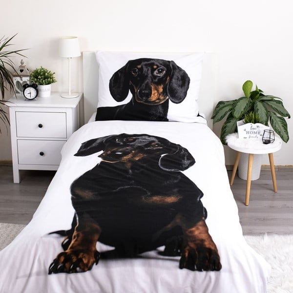 Must-valge puuvillane laste voodipesu 140x200 cm Dachshund - Jerry Fabrics-image-1