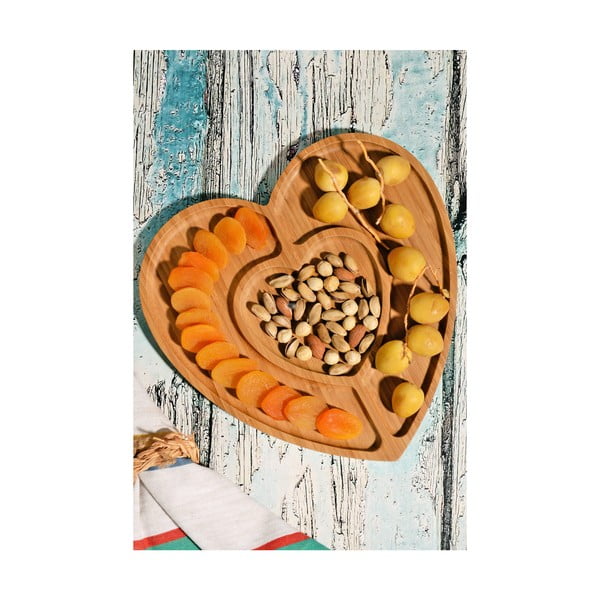 Bambusový servírovací tác ve tvaru srdce Kutahya Snacks Lovely, 27 x 28 cm