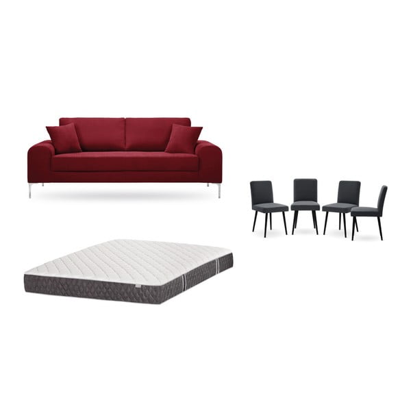 Set třímístné červené pohovky, 4 antracitově šedých židlí a matrace 160 x 200 cm Home Essentials