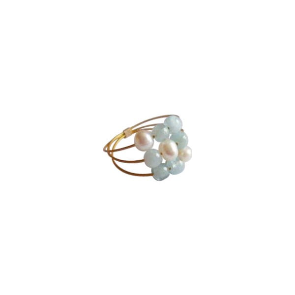 Zlatý prsten Pearl and Aquamarine Confetti, vel. 50 (perly a akvamarín)