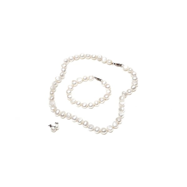 Sada náhrdelníku, náušnic a náramku z říčních perel GemSeller Sericea, bílé perly