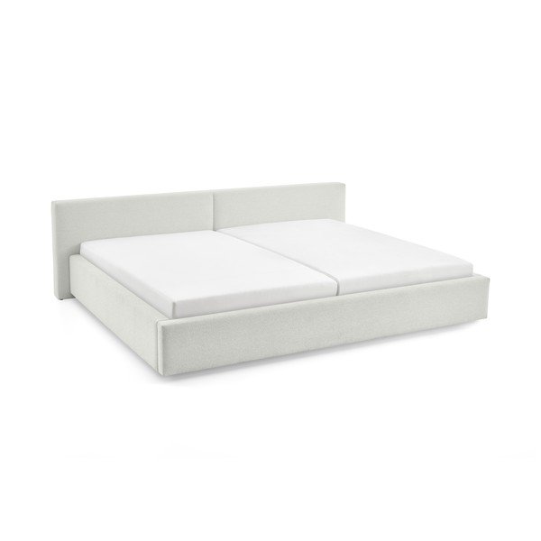 Valge polsterdatud kaheinimesevoodi panipaigaga ja liistudest raamiga 200x240 cm Cube - Meise Möbel