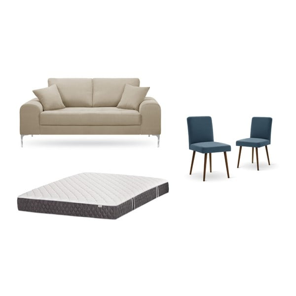 Set dvoumístné šedobéžové pohovky, 2 modrých židlí a matrace 140 x 200 cm Home Essentials