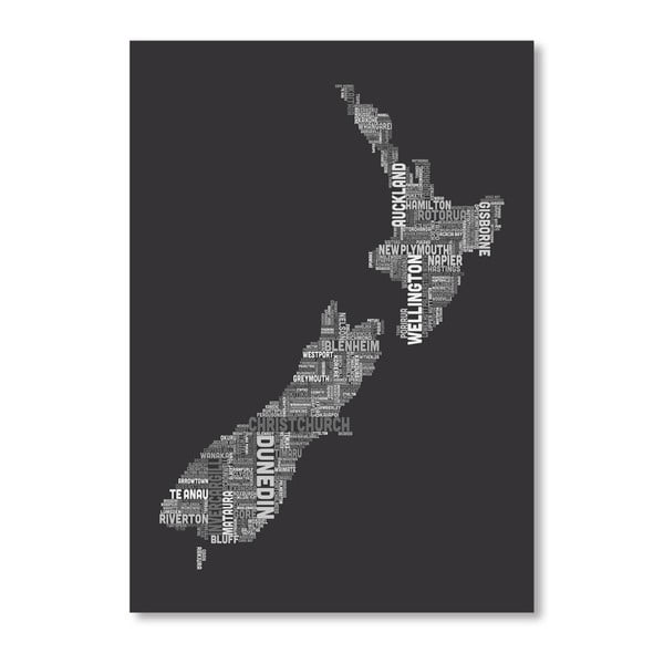 Černý plakát s mapou Nového Zélandu Americanflat, 60 x 42 cm