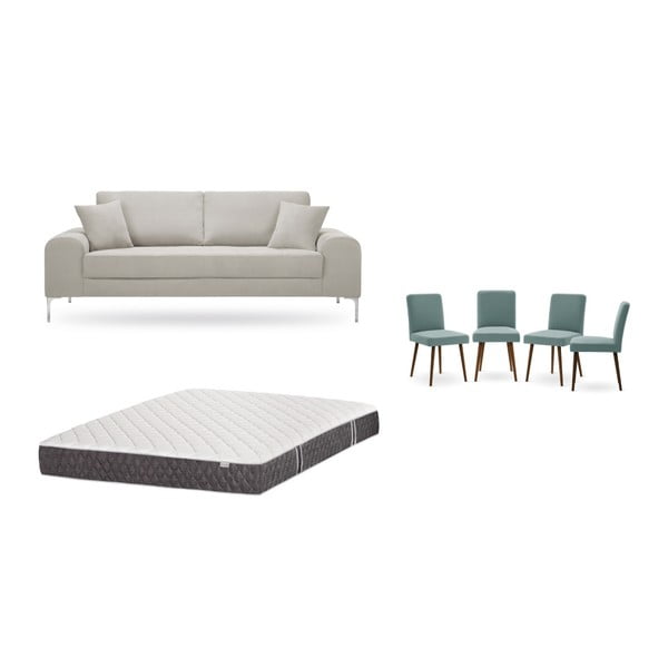 Set třímístné krémové pohovky, 4 šedozelených židlí a matrace 160 x 200 cm Home Essentials