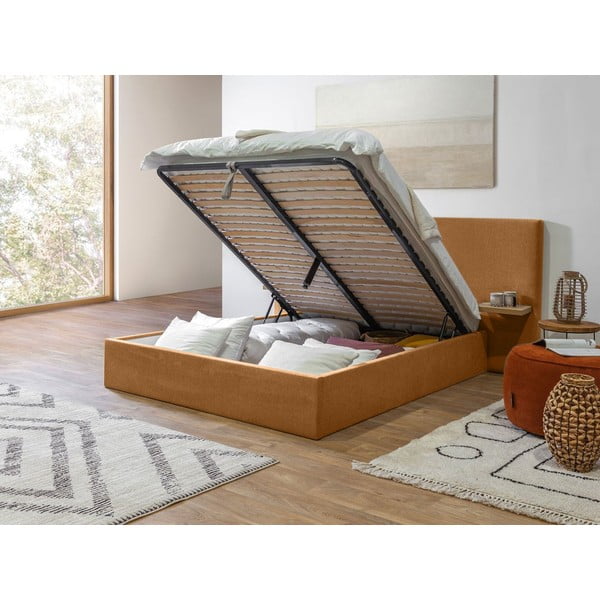 Kollane polsterdatud kaheinimese voodi, millel on riiulid 160x200 cm ja panipaik Blandine - Bobochic Paris-image-3