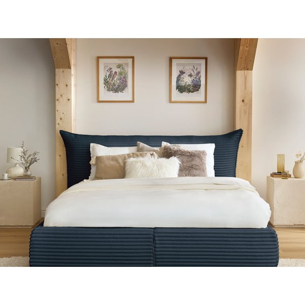 Tumesinine polsterdatud kaheinimesevoodi koos voodipõhja ja panipaigaga 160x200 cm Jade - Bobochic Paris-image-1