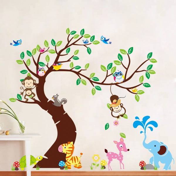 Laste seinakleebiste komplekt Puu, ahvid ja elevant - Ambiance