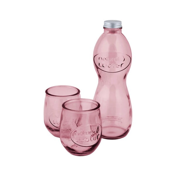 Roosa veepudeli ja 2 taaskasutatud klaasist veeklaasi komplekt - Ego Dekor