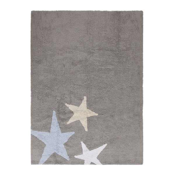 Šedý bavlněný ručně vyráběný koberec s modrou hvězdou Lorena Canals Three Stars, 120 x 160 cm