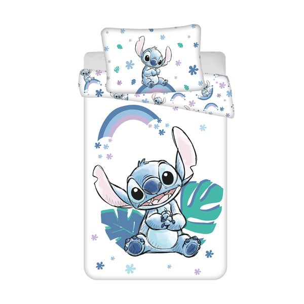 Valge/sinine puuvillane laste võrevoodi voodipesukomplekt 135 × 100 cm Lilo ja Stitch "Vikerkaar" – Jerry Fabrics