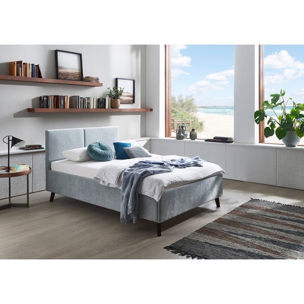 Helesinine polsterdatud kaheinimesevoodi liistudest raamiga 140x200 cm Piano - Meise Möbel-image-1