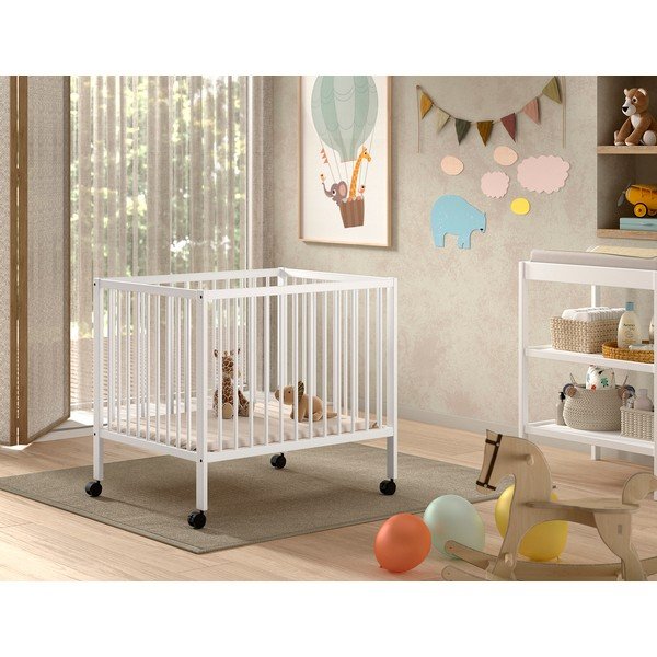 Valge pöögipuidust reguleeritava kõrguse/ratastega mänguaedik 95x75 cm Dino - Vipack-image-1